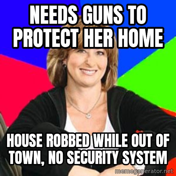 Sheltering Suburban Mom meme: needs guns to protect her home / house robbed while out of town, no security system