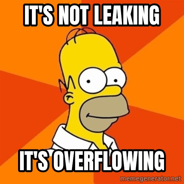 Homer Advice meme: IT'S NOT LEAKING / IT'S OVERFLOWING