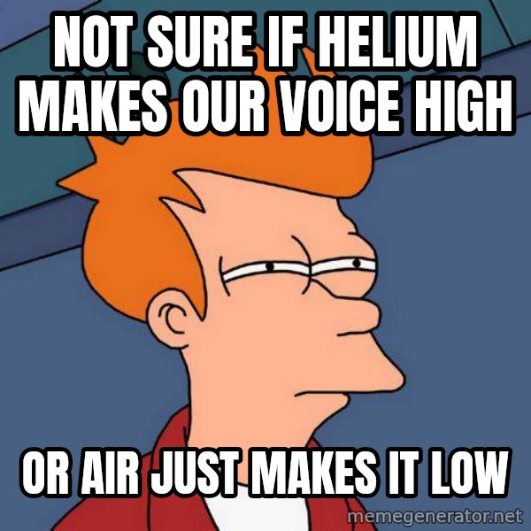 Futurama Fry meme: not sure if helium makes our voice high / or air just makes it low