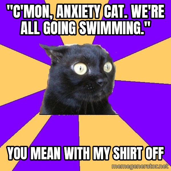 Anxiety Cat meme: "c'mon, anxiety cat.  we're all going swimming." / you mean with my shirt off