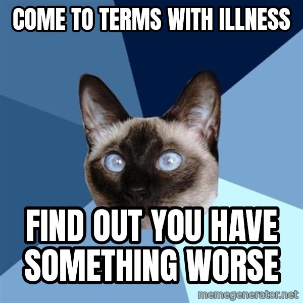 Chronic Illness Cat meme: come to terms with illness / find out you have something worse