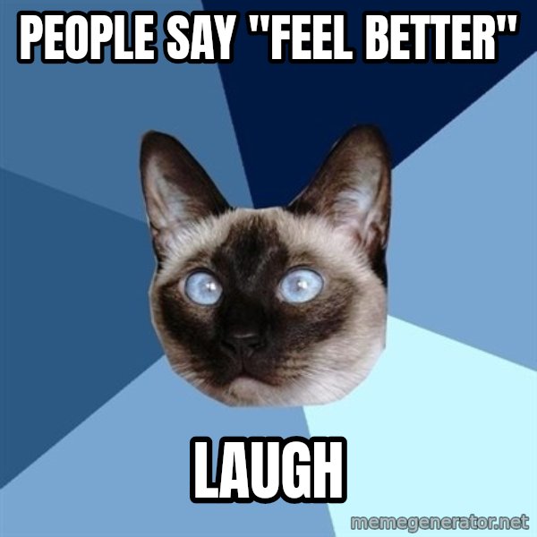 Chronic Illness Cat meme: people say "feel better" / Laugh