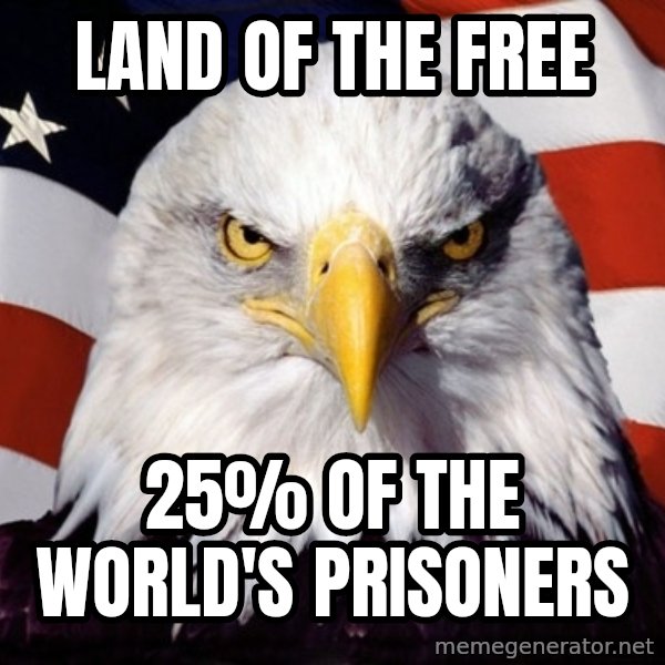 American Pride Eagle meme: land of the free / 25% of the world's prisoners