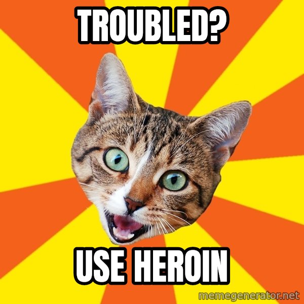 Bad Advice Cat meme: troubled? / Use heroin