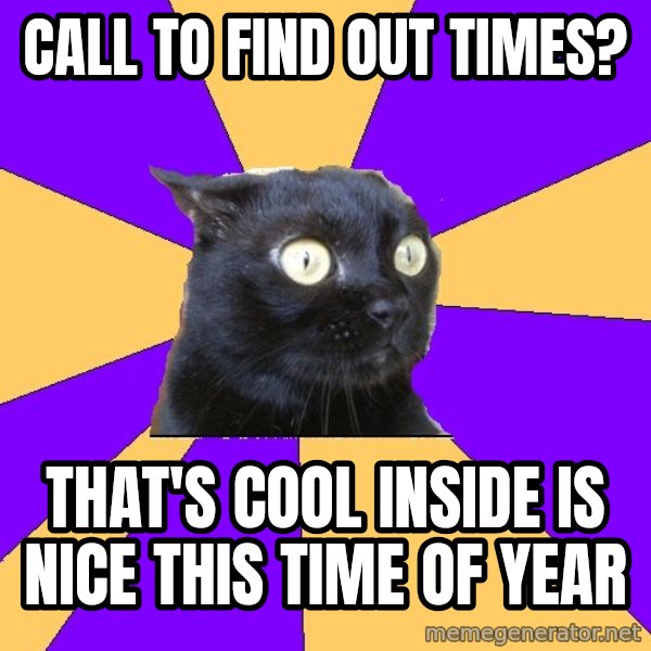 Anxiety Cat meme: call to find out times? / that's cool inside is nice this time of year