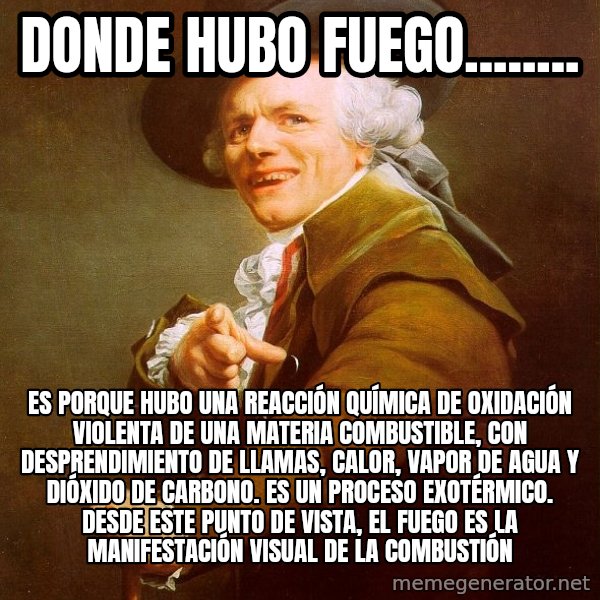 Joseph Ducreux meme: Donde hubo fuego........ / es porque hubo una reacción química de oxidación violenta de una materia combustible, con desprendimiento de llamas, calor, vapor de agua y dióxido de carbono. Es un proceso exotérmico. Desde este punto de vista, el fuego es la manifestación visual de la combustión