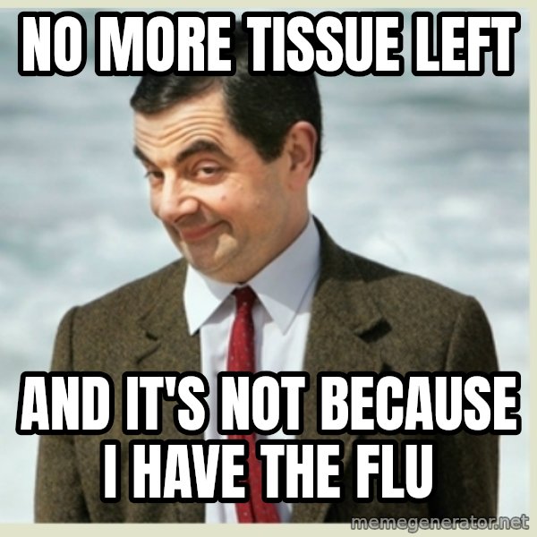 MR bean meme: no more tissue left / and it's not because i have the flu