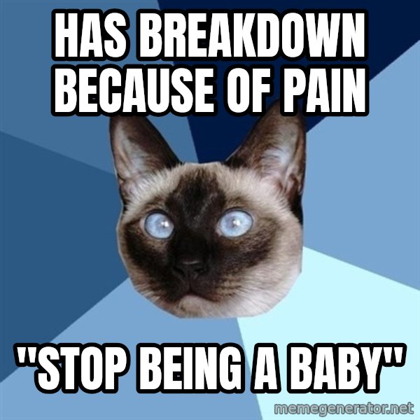 Chronic Illness Cat meme: HAS BREAKDOWN BECAUSE OF PAIN / "sTOP BEING A BABY"