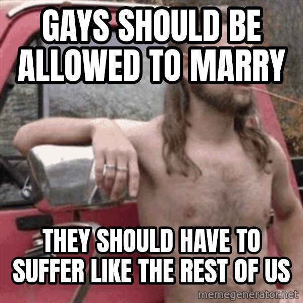 Almost Politically Correct Redneck meme: Gays should be allowed to marry / They should have to suffer like the rest of us