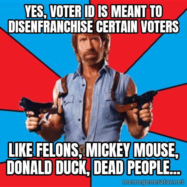 Chuck Norris  meme: Yes, voter id is meant to disenfranchise certain voters / like felons, mickey mouse, donald duck, dead people...