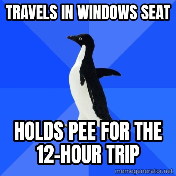 Socially Awkward Penguin meme: Travels in windows seat / holds pee for the 12-hour trip
