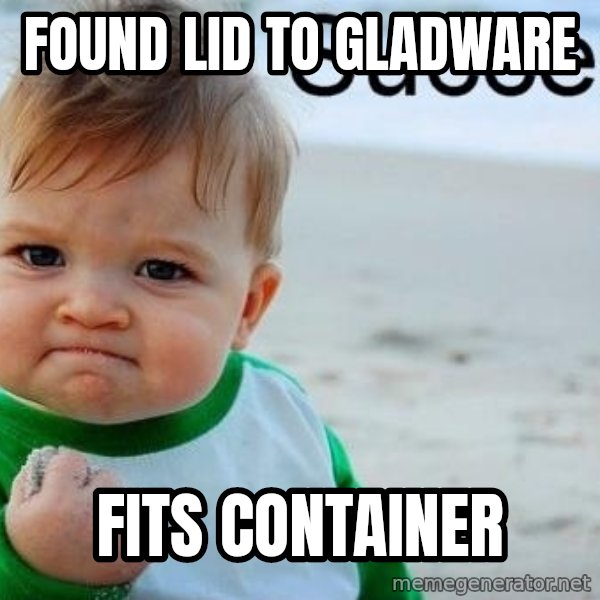 Success Kid meme: found lid to gladware / fits container