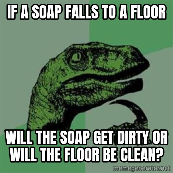 Philosoraptor meme: If a soap falls to a floor / will the soap get dirty or will the floor be clean?