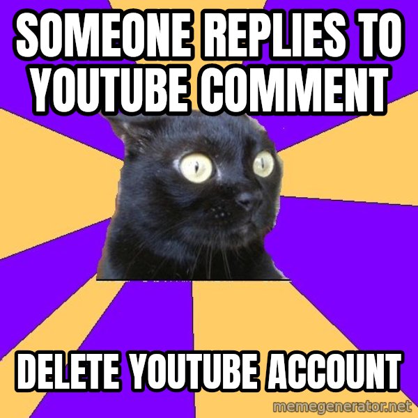 Anxiety Cat meme: someone replies to youtube comment / delete youtube account