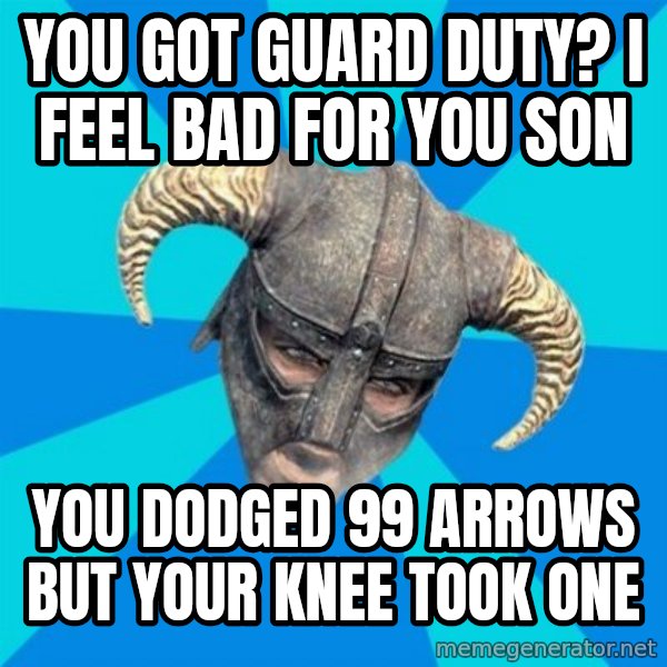 skyrim stan meme: you got guard duty? i feel bad for you son / you dodged 99 arrows but your knee took one