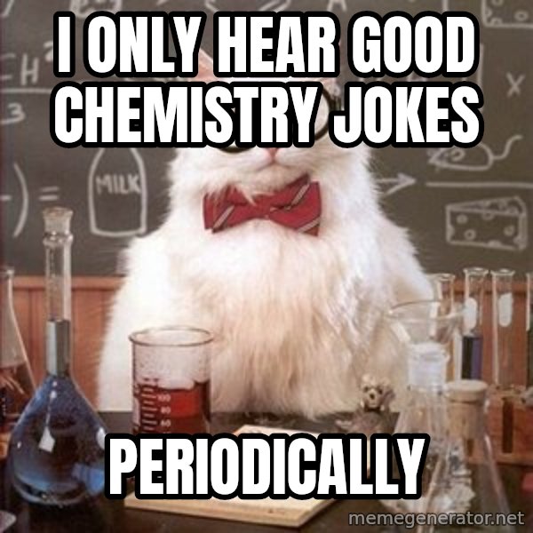 Chemistry Cat meme: I only hear good chemistry jokes / Periodically