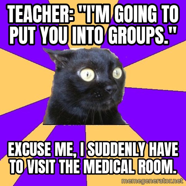 Anxiety Cat meme: Teacher: "I'm going to put you into groups." / Excuse me, I suddenly have to visit the medical room.