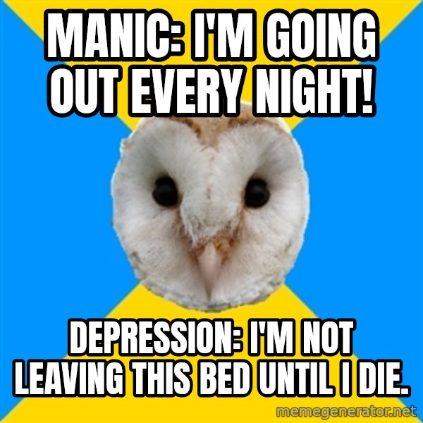 Bipolar Owl meme: Manic: i'm going out every night! / depression: i'm not leaving this bed until i die.