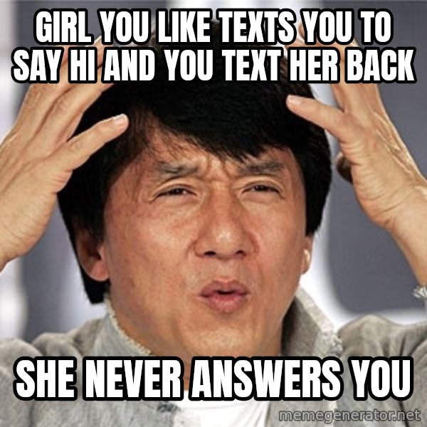 Jackie Chan meme: Girl you like texts you to say Hi and you text her back / She never answers you