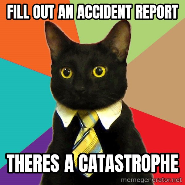Business Cat meme: fill out an accident report / theres a catastrophe