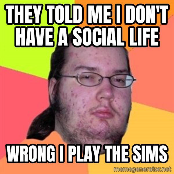 Butthurt Dweller meme: They told me i don't have a social life / wrong i play the sims