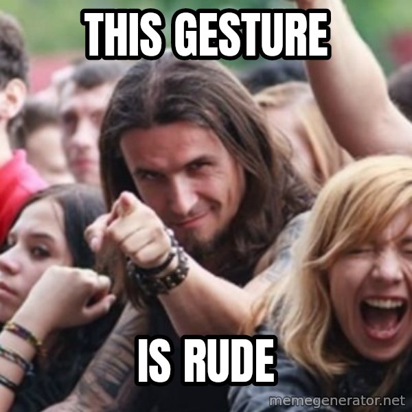 Ridiculously Photogenic Metalhead meme: this gesture / is rude