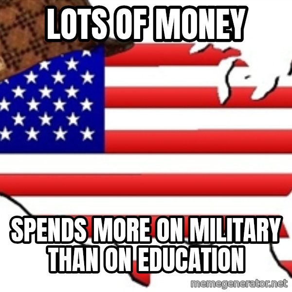 Scumbag America meme: lots of money / spends more on military than on education