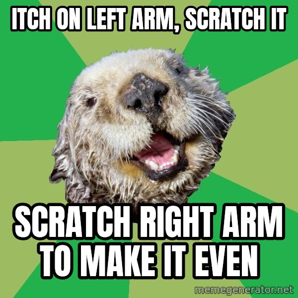 Ocd Otter meme: Itch on left arm, scratch it / Scratch right arm to make it even