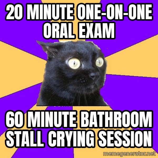 Anxiety Cat meme: 20 minute one-on-one oral exam / 60 minute bathroom stall crying session