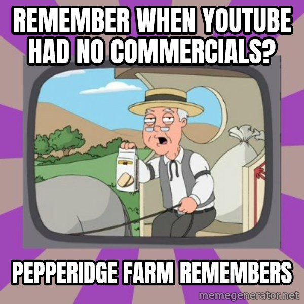 Pepperidge Farm Remembers FG meme: REMEMBER WHEN YOUTUBE HAD NO COMMERCIALS? / pEPPERIDGE FARM REMEMBERS