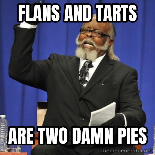 Rent Is Too Damn High meme: flans and tarts / are two damn pies