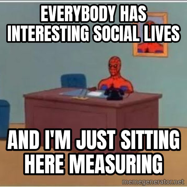 Spiderman Desk meme: EVERYBODY HAS INTERESTING SOCIAL LIVES / AND I'M JUST SITTING HERE MEASURING
