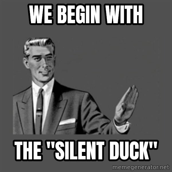 Grammar Guy meme: we begin with / the "silent duck"