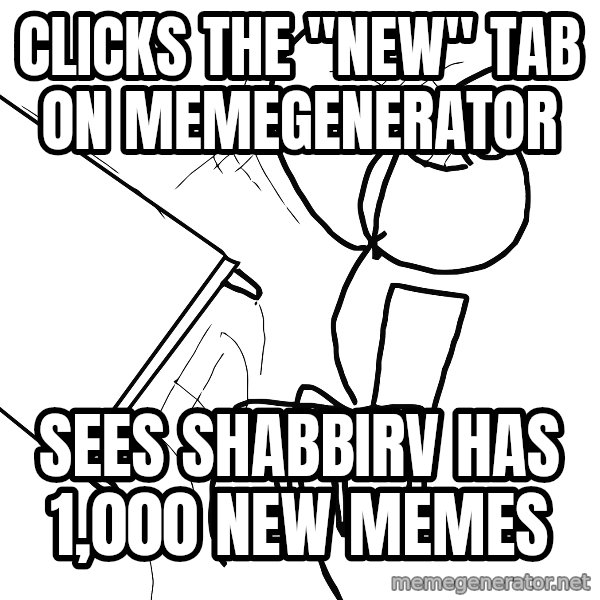Desk Flip Rage Guy meme: CLICKS THE "NEW" TAB ON MEMEGENERATOR / SEES SHABBIRV HAS 1,000 NEW MEMES