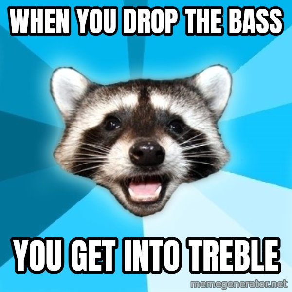 Lame Pun Coon meme: When you drop the bass / you get into treble