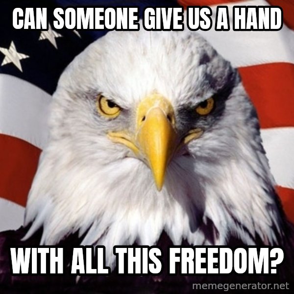 American Pride Eagle meme: can someone give us a hand / with all this freedom?