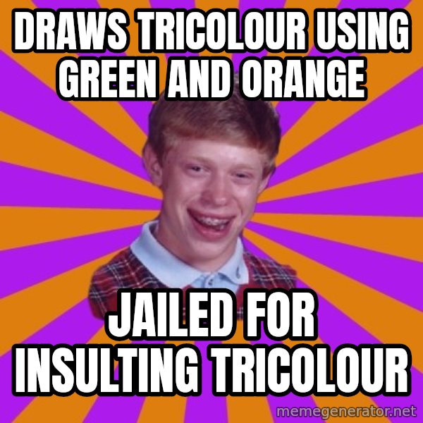 Unlucky Brian Strikes Again meme: draws tricolour using green and orange / jailed for insulting tricolour