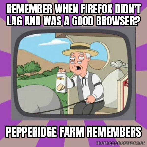Pepperidge Farm Remembers FG meme: remember when firefox didn't lag and was a good browser? / pepperidge farm remembers