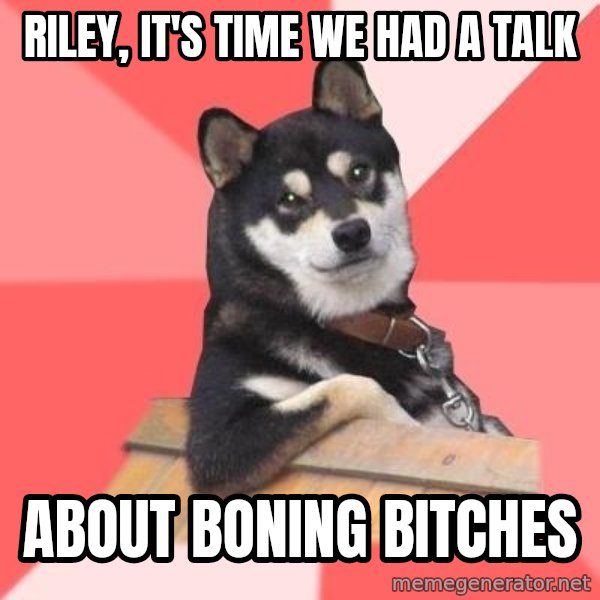 Cool Dog meme: Riley, it's time we had a talk / ABOUT BONING BITCHES