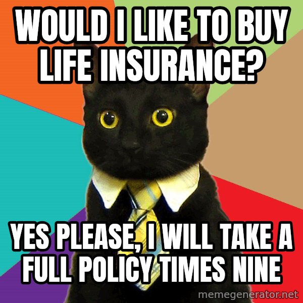 Business Cat meme: Would i like to buy life insurance? / Yes please, i will take a full policy times nine