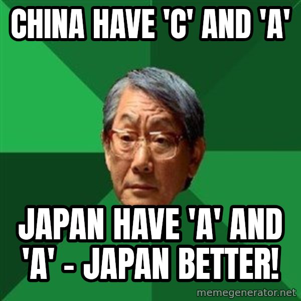 High Expectations Asian Father meme: china have 'c' and 'a' / japan have 'a' and 'a'  - japan better!