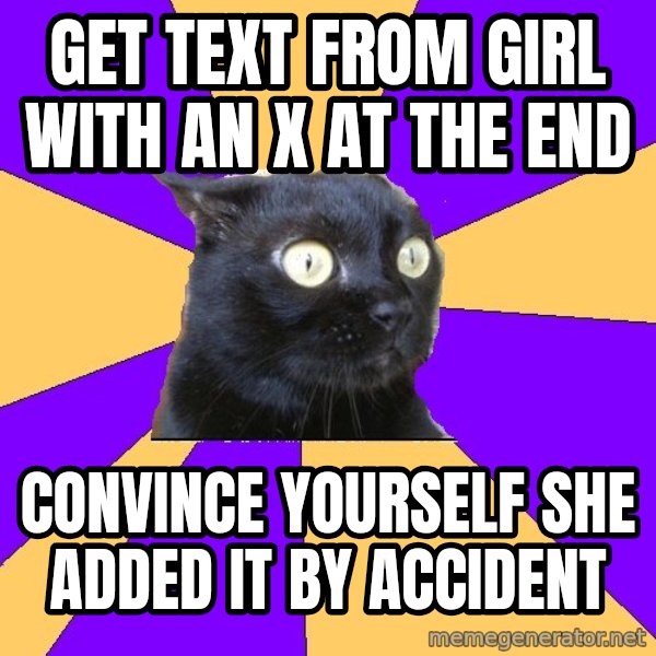 Anxiety Cat meme: GET TEXT FROM GIRL WITH AN X AT THE END / CONVINCE YOURSELF SHE ADDED IT BY ACCIDENT