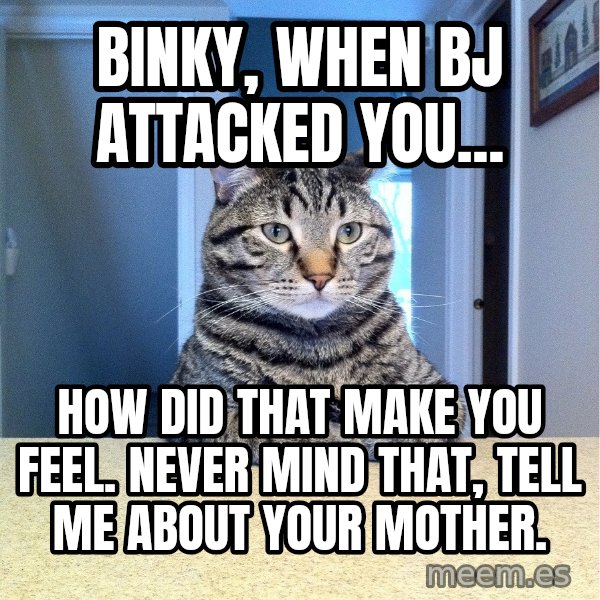 Chris Hansen Cat meme: Binky, when BJ attacked you... / How did that make you feel. Never mind that, tell me about your mother.