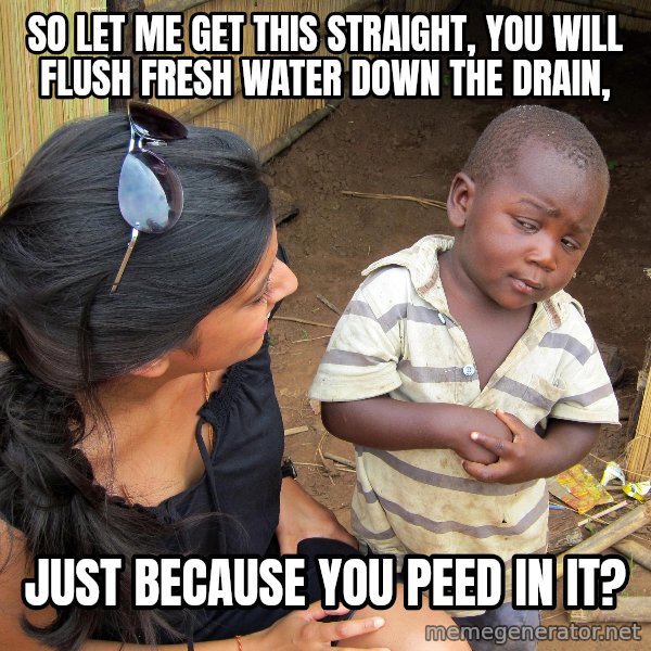 Skeptical 3rd World Kid meme: So Let me get this straight, you will flush fresh water down the drain, / just because you peed in it?
