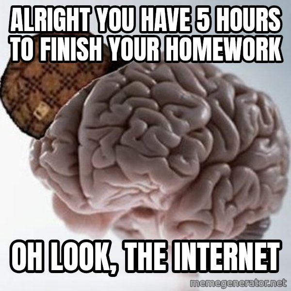 Scumbag Brain meme: Alright you have 5 hours to finish your homework / Oh look, the internet