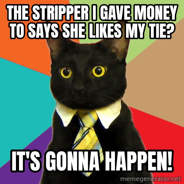 Business Cat meme: The stripper i gave money to says she likes my tie? / it's gonna happen!