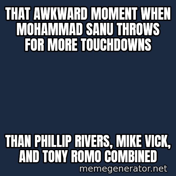 Surprised Philip Rivers meme: That awkward moment when mohammad sanu throws for more touchdowns / than phillip rivers, mike vick, and tony romo combined