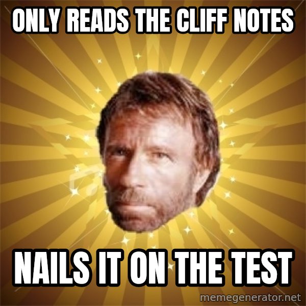 Chuck Norris Advice meme: Only reads the cliff notes / Nails it on the test