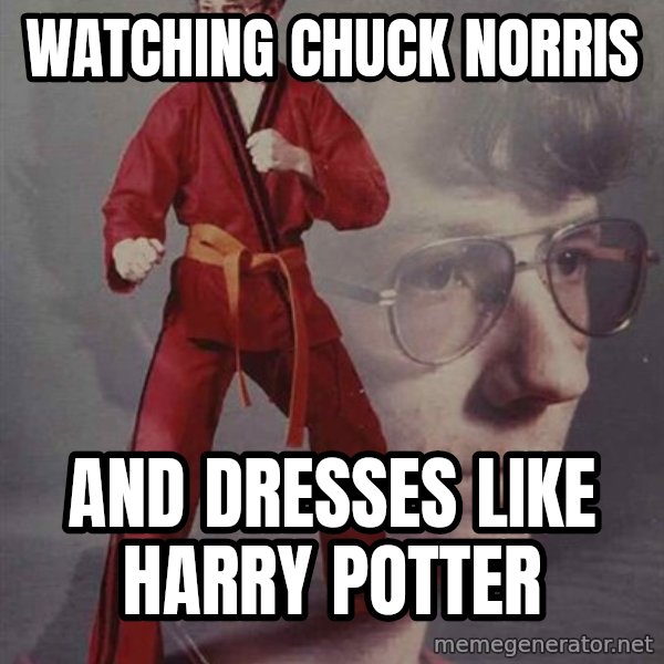 PTSD Karate Kyle meme: watching chuck norris / and dresses like harry potter