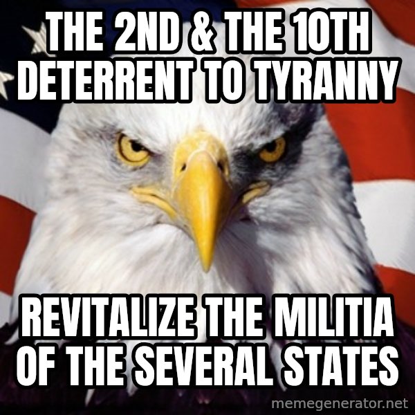 Freedom Eagle  meme: THE 2ND & the 10th   DETERRENT TO  TYRANny / REVITALIZE THE MILITIA             OF THE SEVERAL STATES